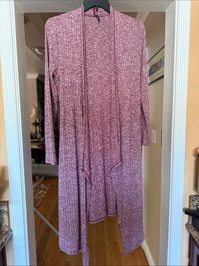 Heathered Rose Long Ribbed Open Cardigan with Tie